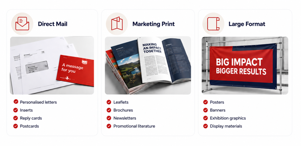 Examples of printed materials including brochures, leaflets and other marketing materials